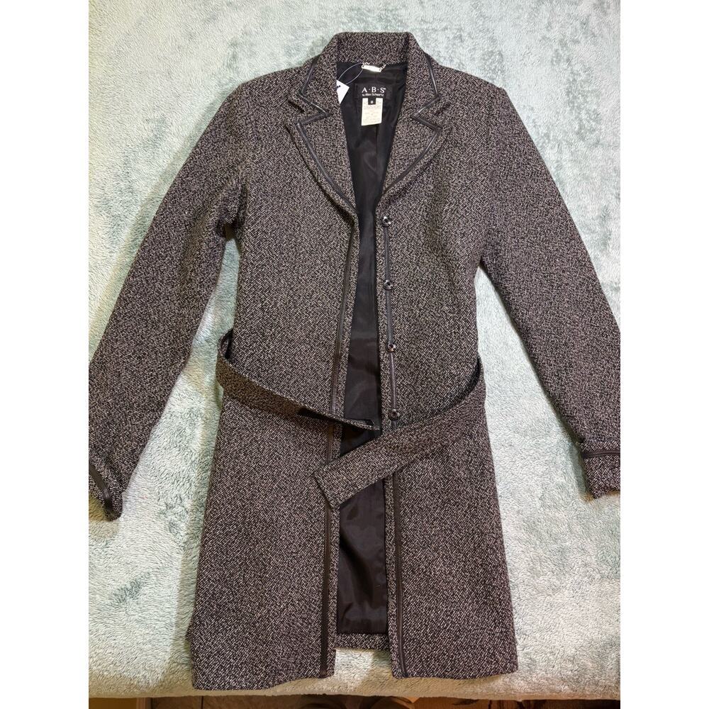 A.B.S by Allen Schwartz Black White Tweed Belted Collared Overcoat Size 8